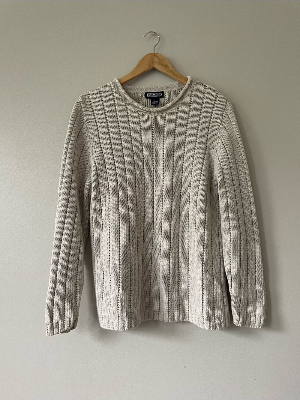 Land’s End linen/cotton light grey fishermen rolled neck sweater